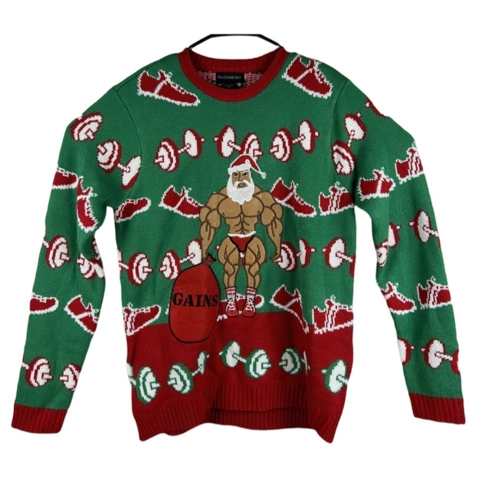 Blizzard Bay Santa Claus Weight Lifting Ugly Christmas Sweater NWT Size L